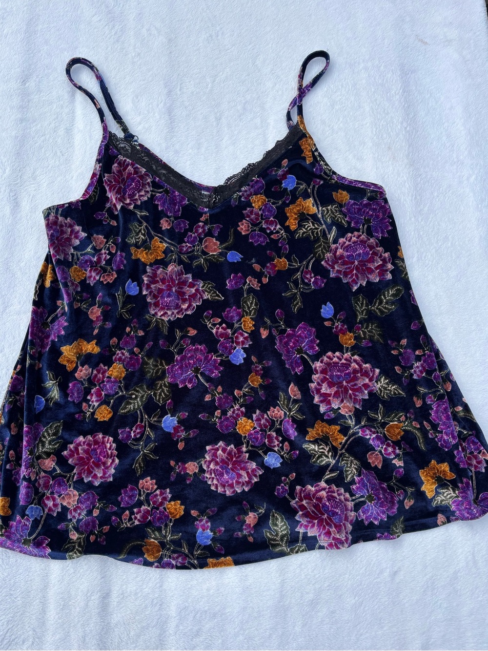 torrid Black Velvet Floral Lace-Trim Cami - Purple & Gold Flowers